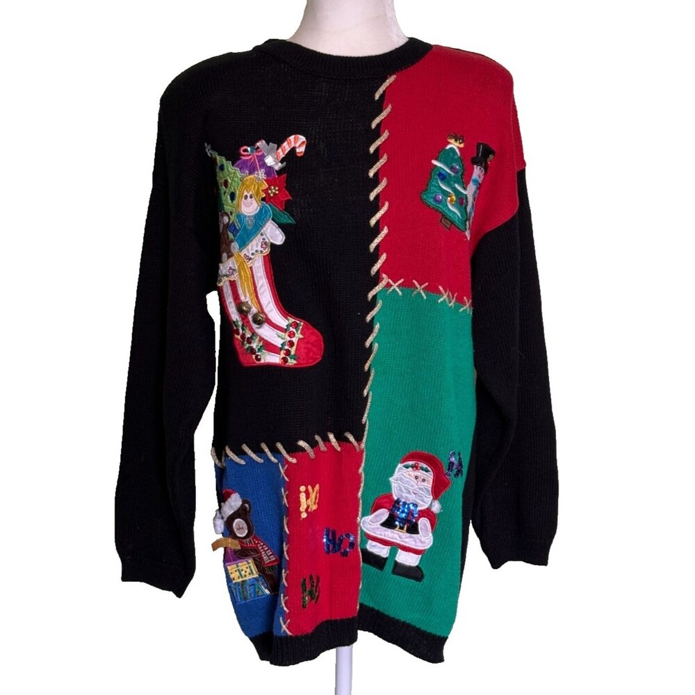 Vintage Work in Progress Women's‎ Black Ugly Christmas Sweater Santa Stocking XL